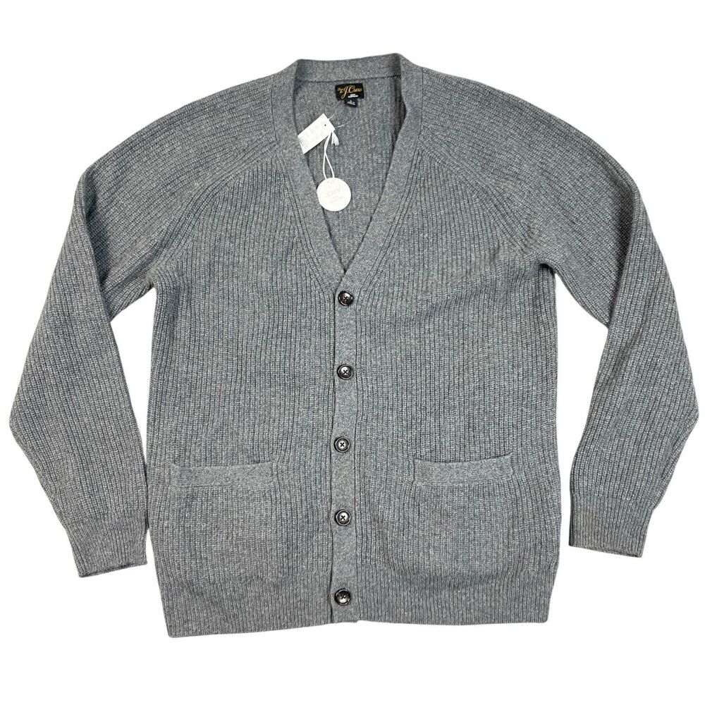 J Crew Cashmere Midweight Cardigan Mens L Gray Ribbed V Neck Preppy CM308